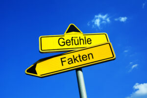Fact or Opinion - Traffic sign with two options - objectivity based on proof and evidence vs subjectivity based on personal feeling and emotion. Disinterested solid viewpoint vs influenced judgment
